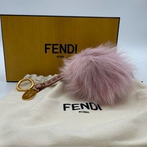 Fendi Gold & Dusty Pink Selleria Fox Fur Pom Keyring Charm